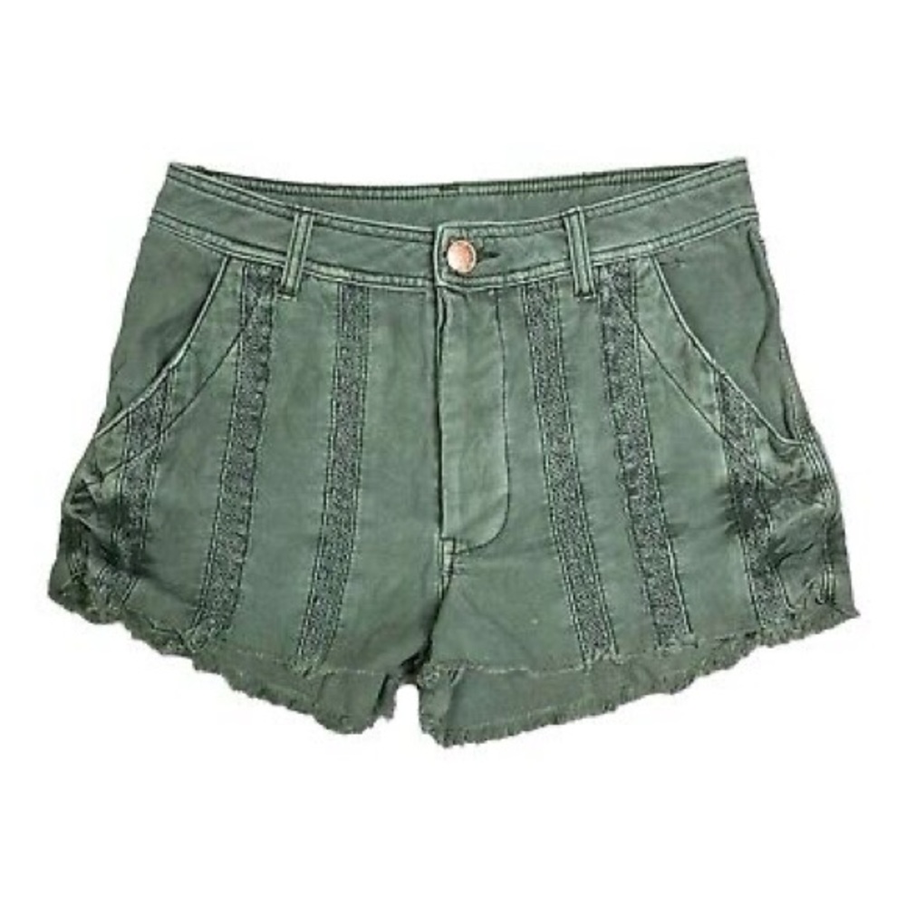 Free People Green Great Expectations Button Fly Cut Off Jean Shorts Size 4 Lace